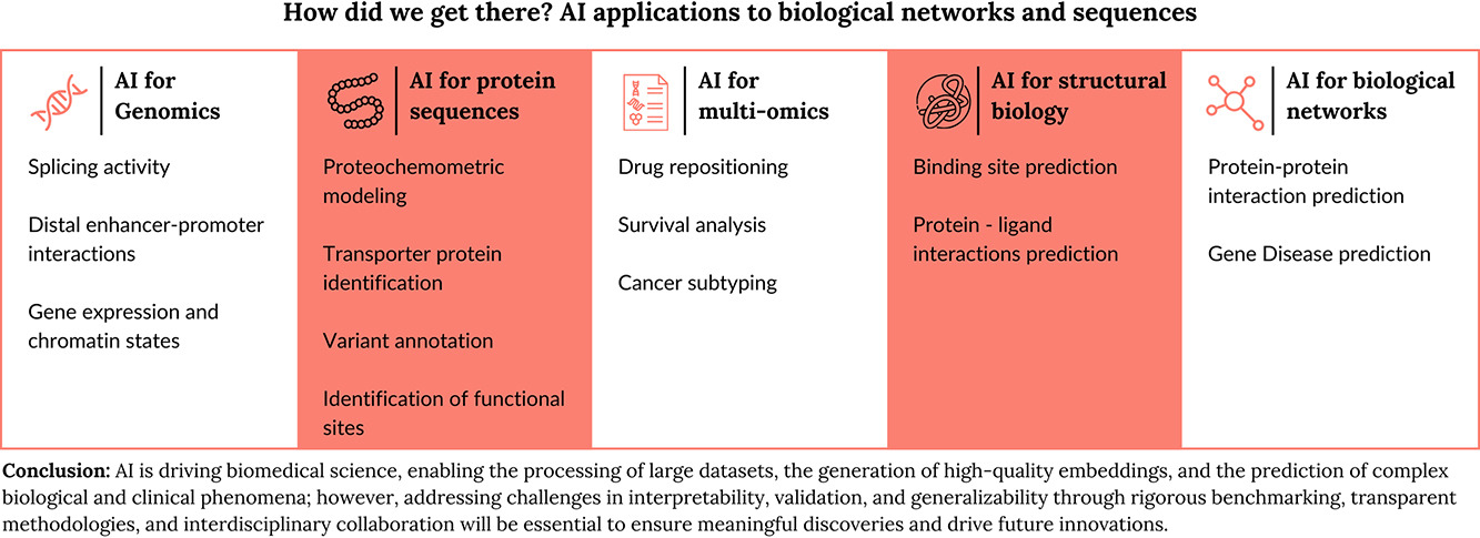 AI applications to biological networks and sequences